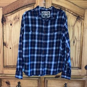 Mens Red Snap blue orange plaid flannel button down long sleeve shirt size L